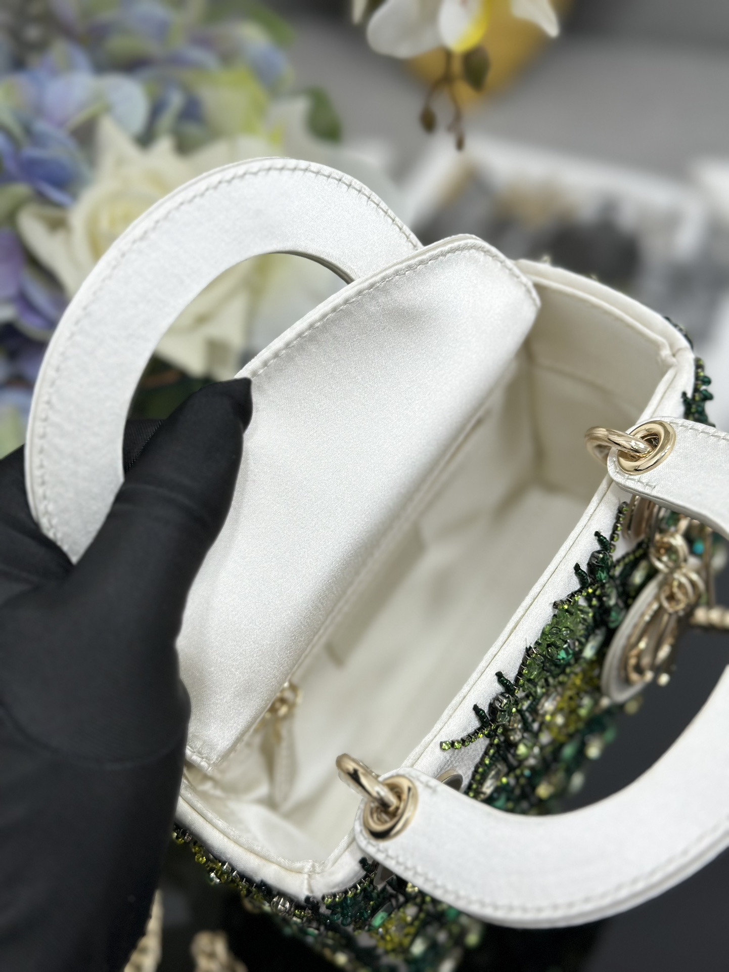 Mini Lady Dior Bag White Satin Embroidered with White Green Diamond